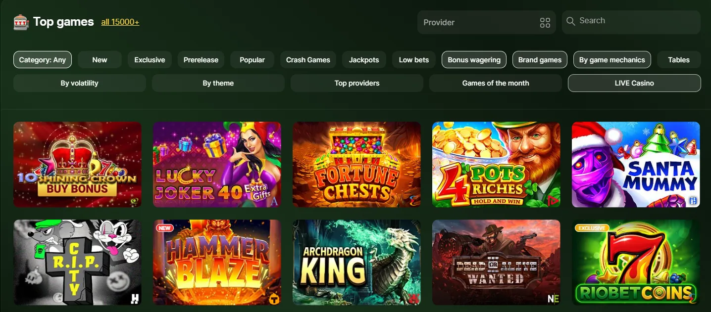 Riobet — категории Top games и игровые карточки; скриншот интерфейса 3